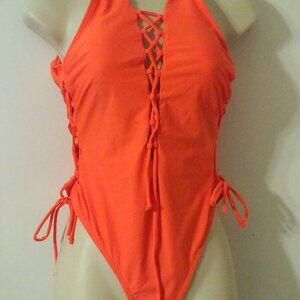 Backless Deep V Plunge Orange Small Lace-Up One Piece Swimsuit Private Label